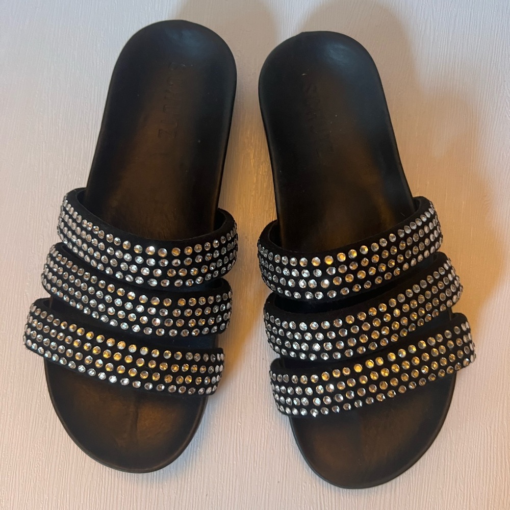 SCHUTZ Black Crystal Birkenstock Slide Sandal